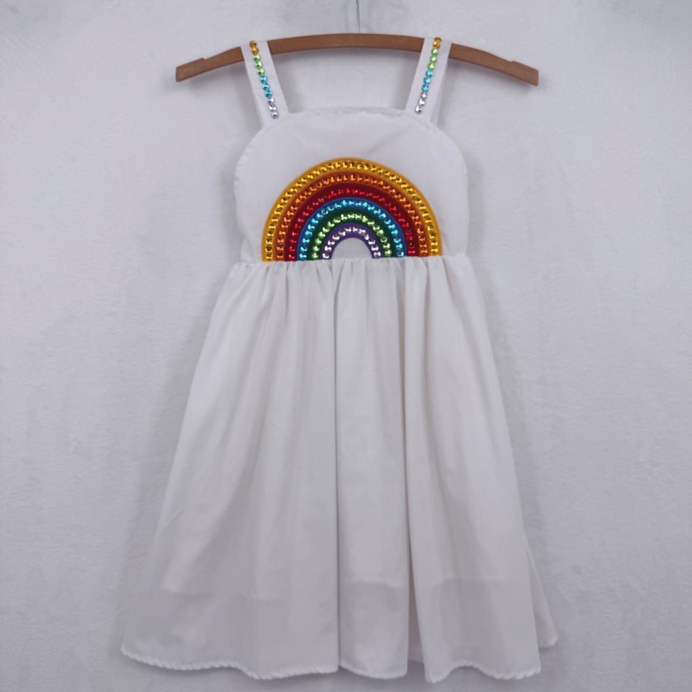 Lola + The Boys Girls White Rainbow Rhinestone Sequin Dress Size 8 Cotton